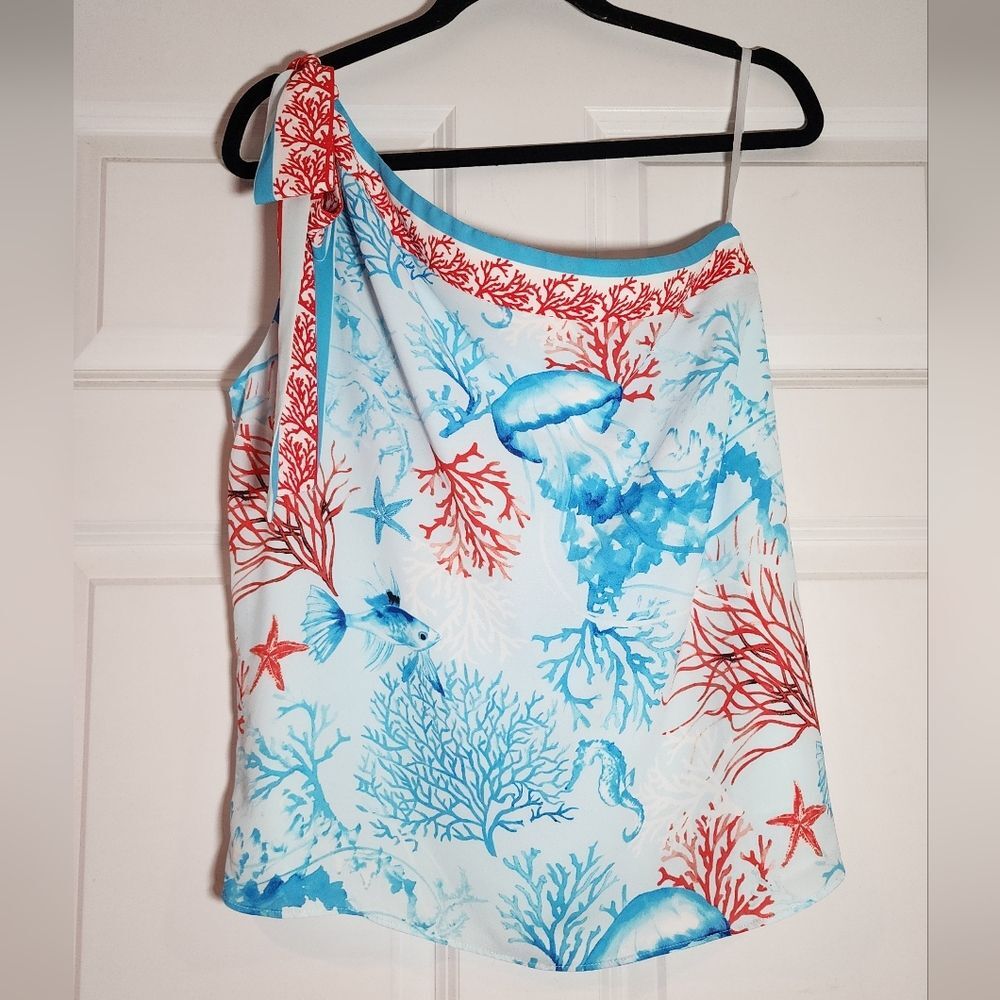 NWT White House Black Market 1 Shoulder Tie Scuba Blue Sea Theme Top M